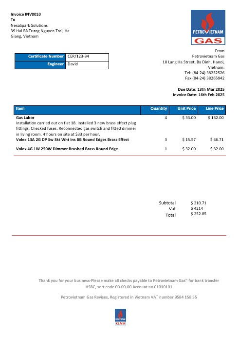 Vietnam Petrovietnam Gas business utility bill template in Word and PDF formats